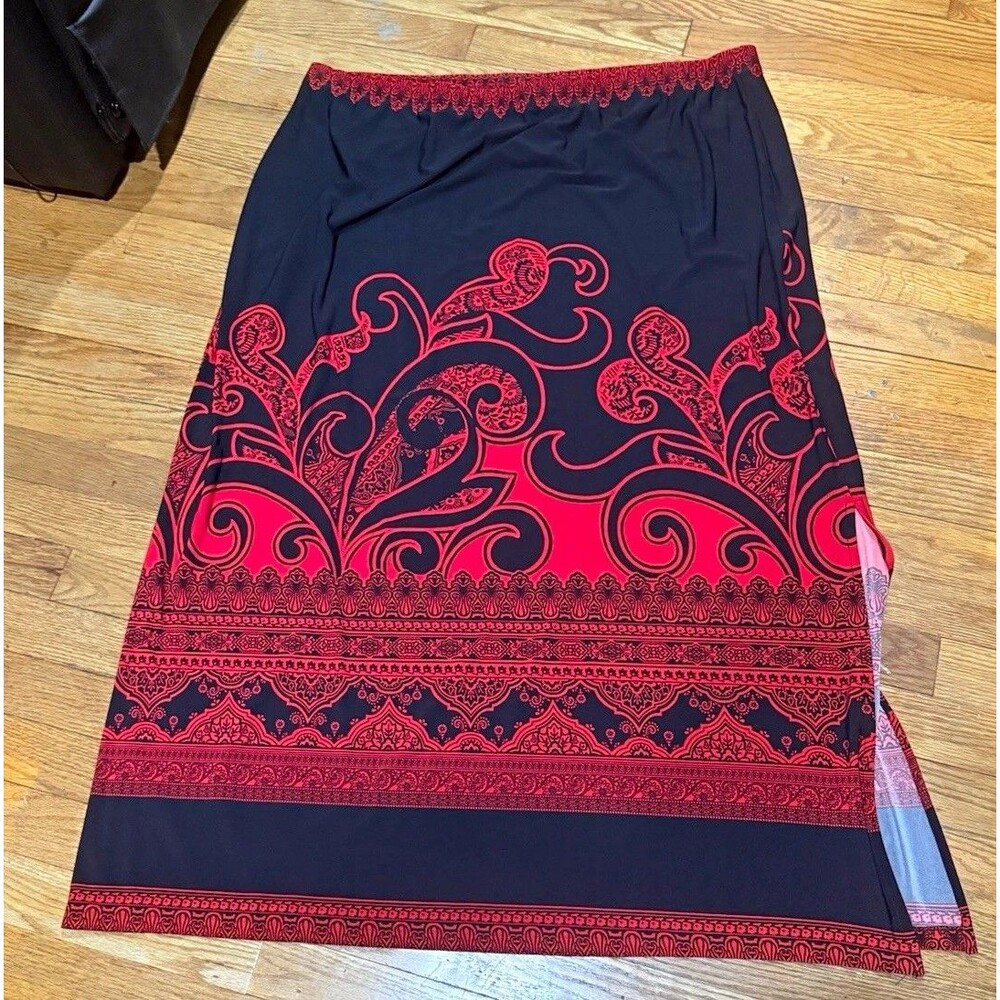 Susan Graver 2X Black/Red Paisley Pull-On Skirt Printed Stretch Long Skirt